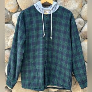 Plaid Button-Up Hooded Sweatshirt/Fleece Jacket in Navy & Forest Green